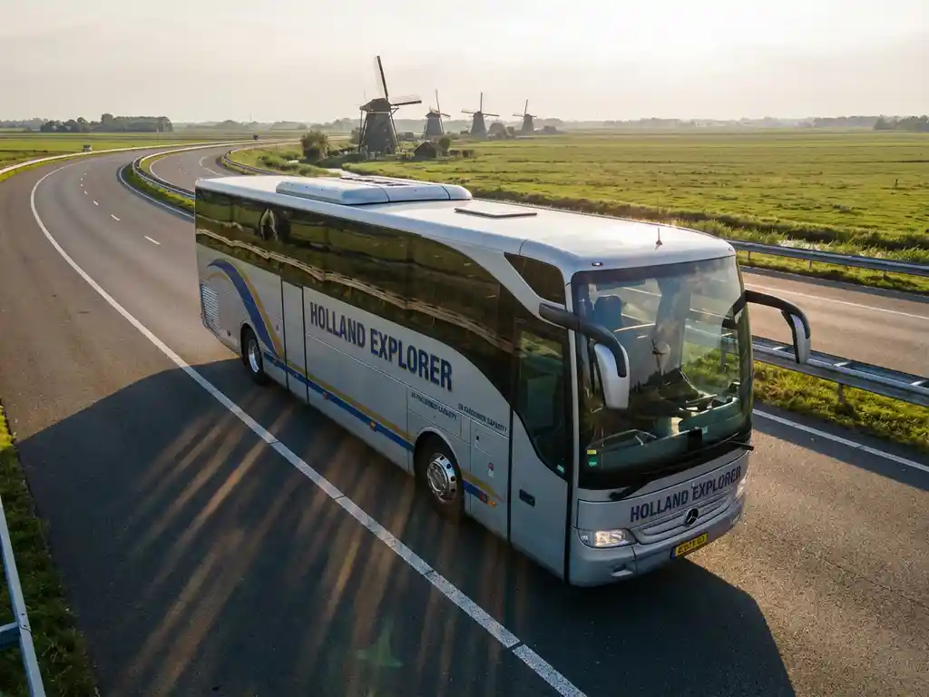 Moderne touringcar rijdt over Nederlandse snelweg met traditionele windmolens en groene polderlandschap op achtergrond