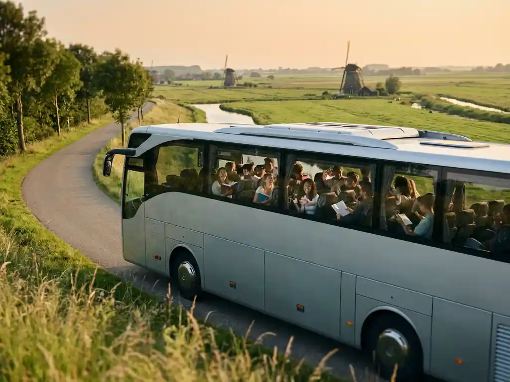 Moderne touringcar met studenten rijdt door Nederlands landschap met groene velden en traditionele windmolens