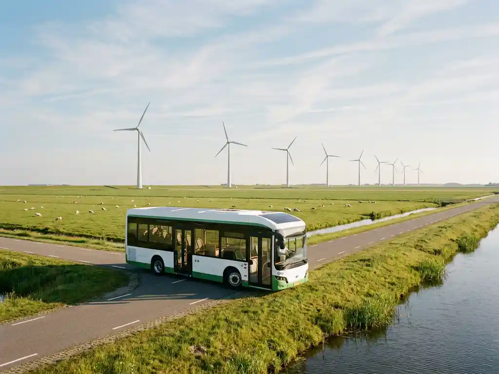 Moderne eco-vriendelijke touringcar op een Nederlandse polderwegen met windturbines en een kanaal op de achtergrond.