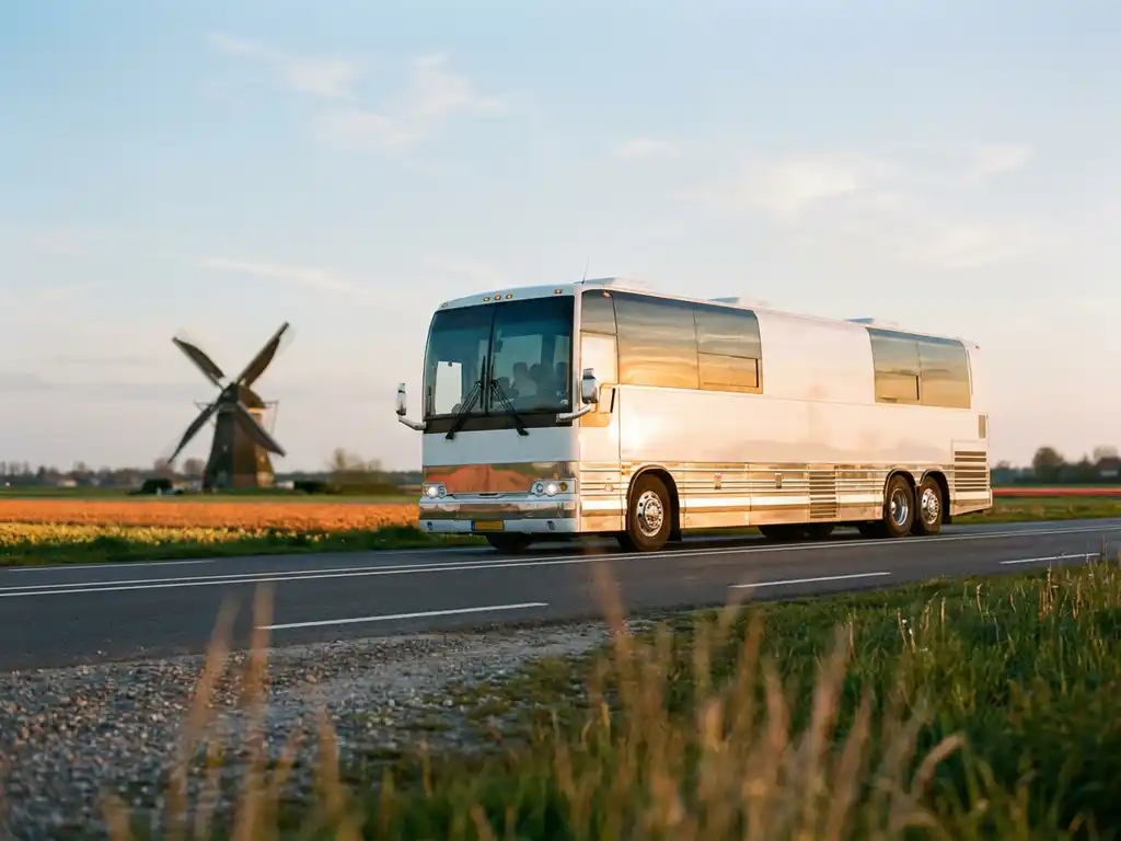 Witte luxe touringcar op Nederlandse snelweg bij gouden uur, met tulpenvelden en windmolen op de achtergrond.