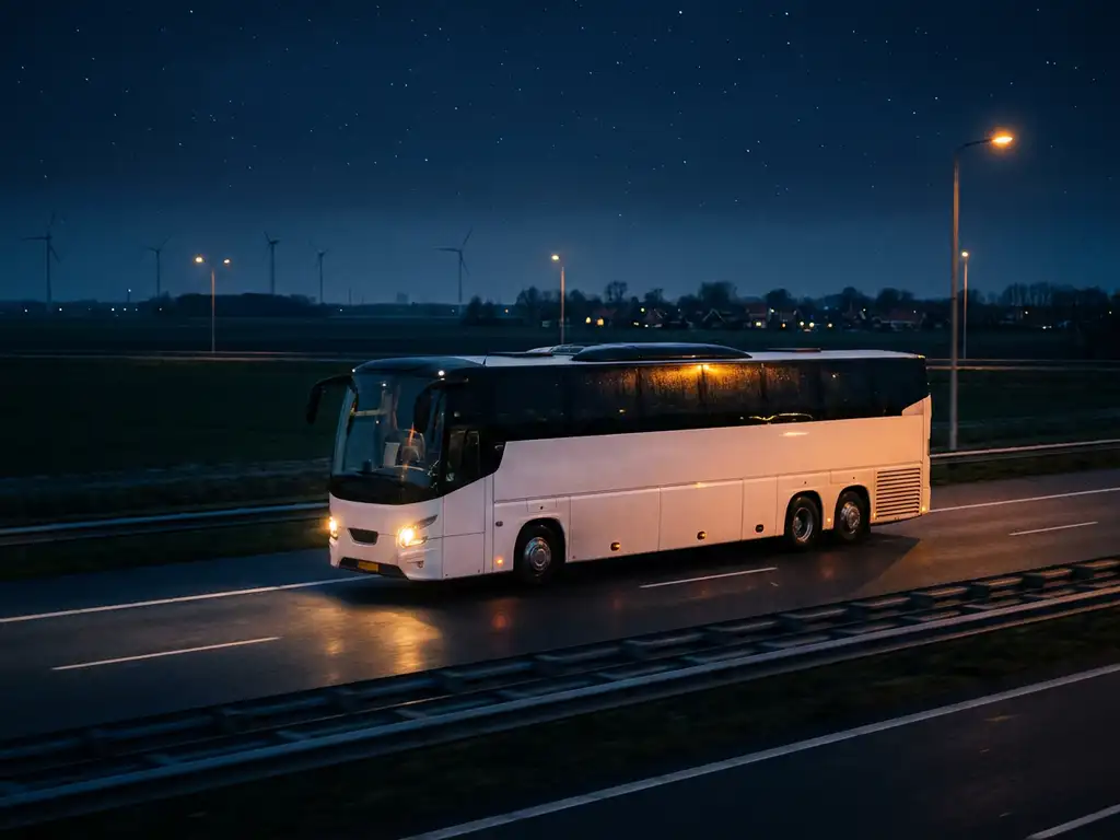 Moderne touringcar rijdt 's nachts over Nederlandse snelweg, verlicht door koplampen tegen een donkerblauwe sterrenhemel.