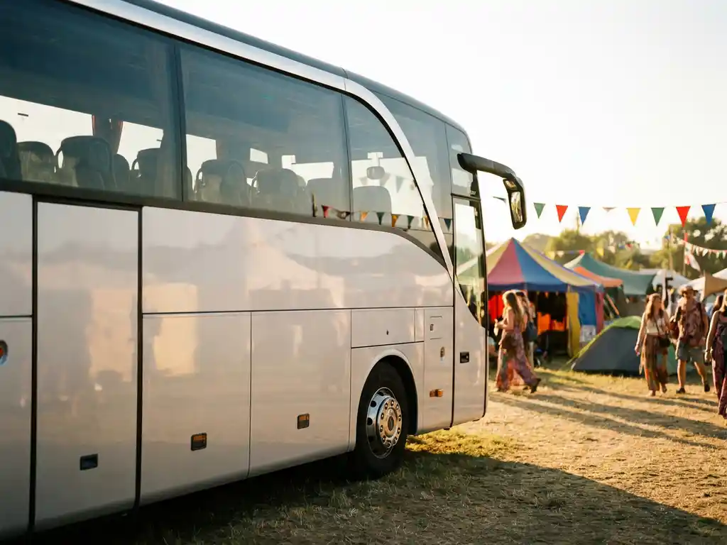 Moderne touringcar geparkeerd bij festivalterrein met kleurrijke tenten en vlaggen in warm middaglicht.