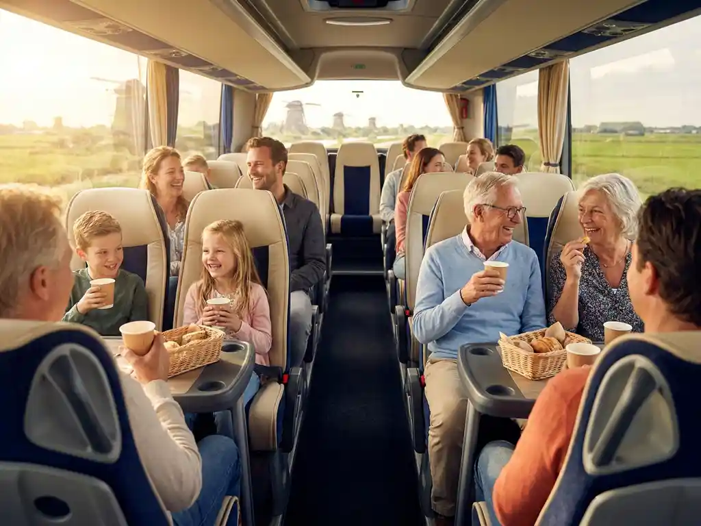 Reizigers genieten van snacks en drankjes in een moderne touringcar met uitzicht op een Nederlands polderlandschap met windmolens.