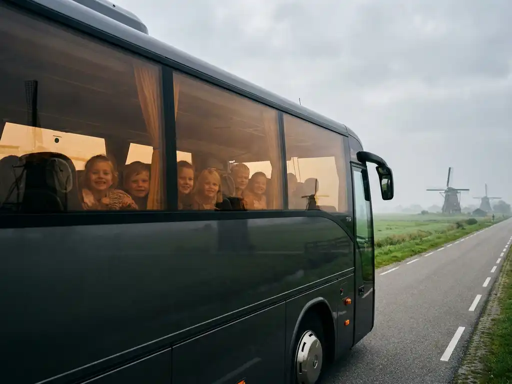 Moderne touringcar met schoolkinderen rijdt door een vlak Nederlands polderlandschap met windmolens en groene weilanden.