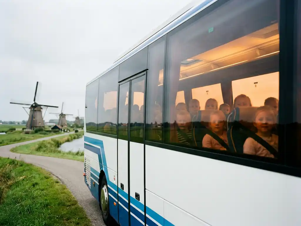 Moderne touringcar met kinderen op veiligheidsriemen rijdt door Hollands polderlandschap met windmolens en groene weilanden.