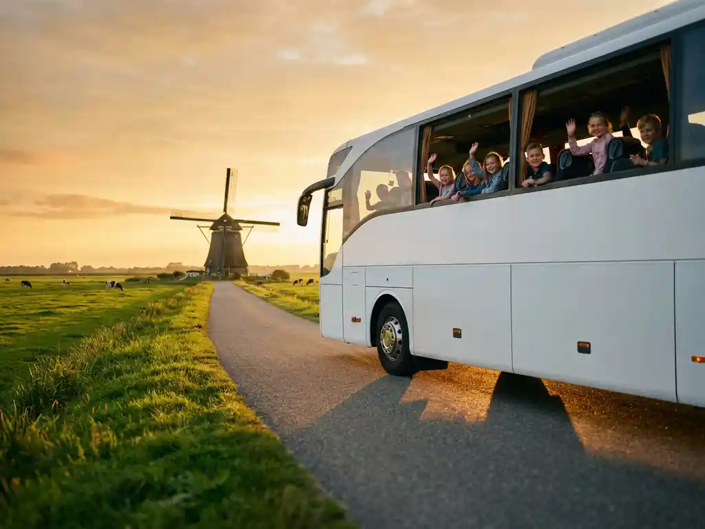 Witte touringcar met schoolkinderen op een Nederlandse polderwegweg, met groene weilanden en een windmolen op de achtergrond in middagzon.