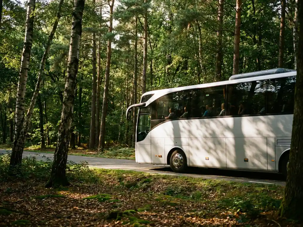 Touringcar rijdt over kronkelende bosweg in Nederland, omringd door berken en dennen met gouden middagzon door het bladerdak.