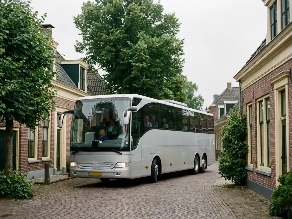 Witte touringcar rijdt door een rustige Nederlandse dorpsstraat met bakstenen gevels en groene bomen.