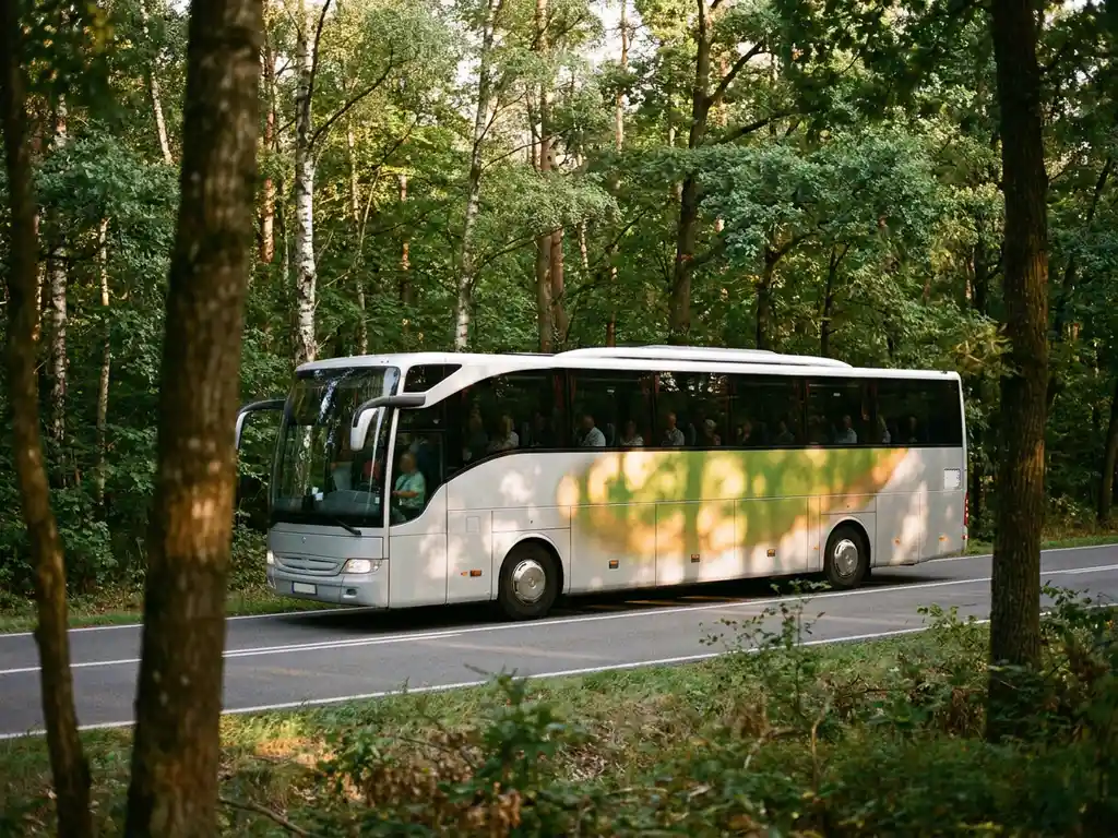 Touringcar rijdt over slingerende bosweg door Nederlands loofbos met berken en eiken in middagzon.