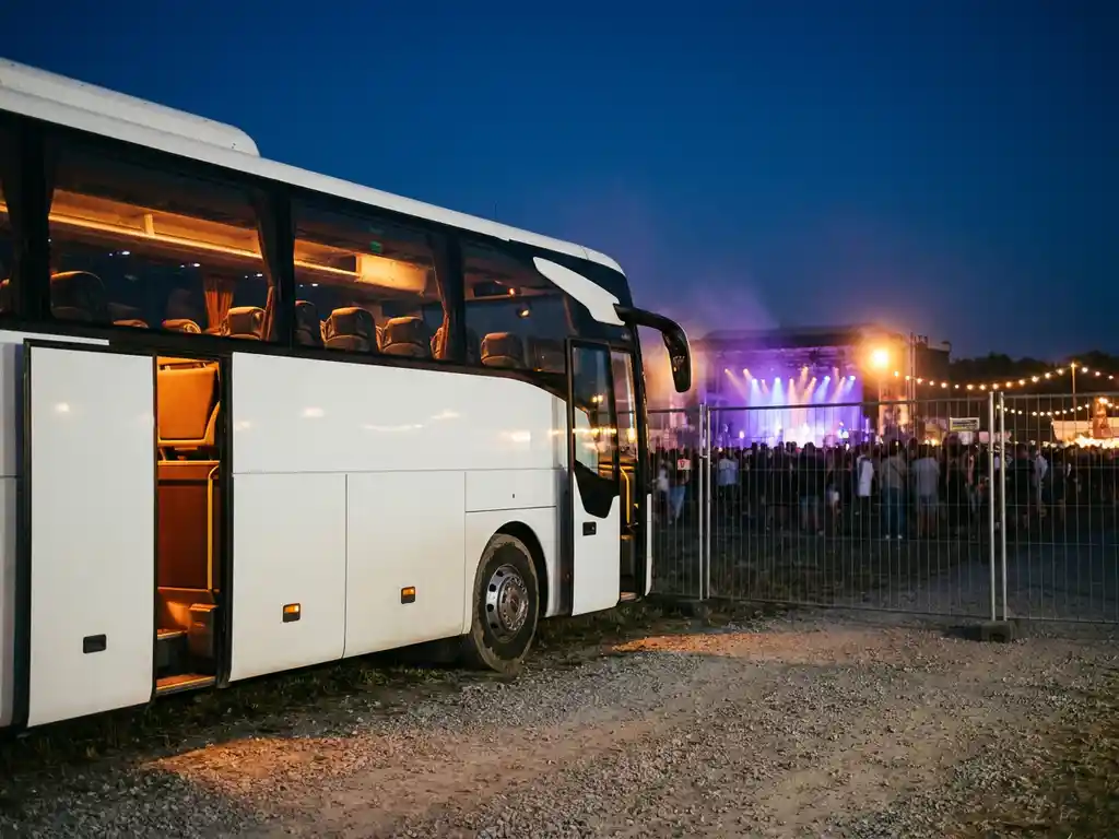 Witte touringcar geparkeerd bij festivalterrein in de schemering, open deur met warm interieurlicht, menigte silhouetten en kleurrijke podiumverlichting op de achtergrond.