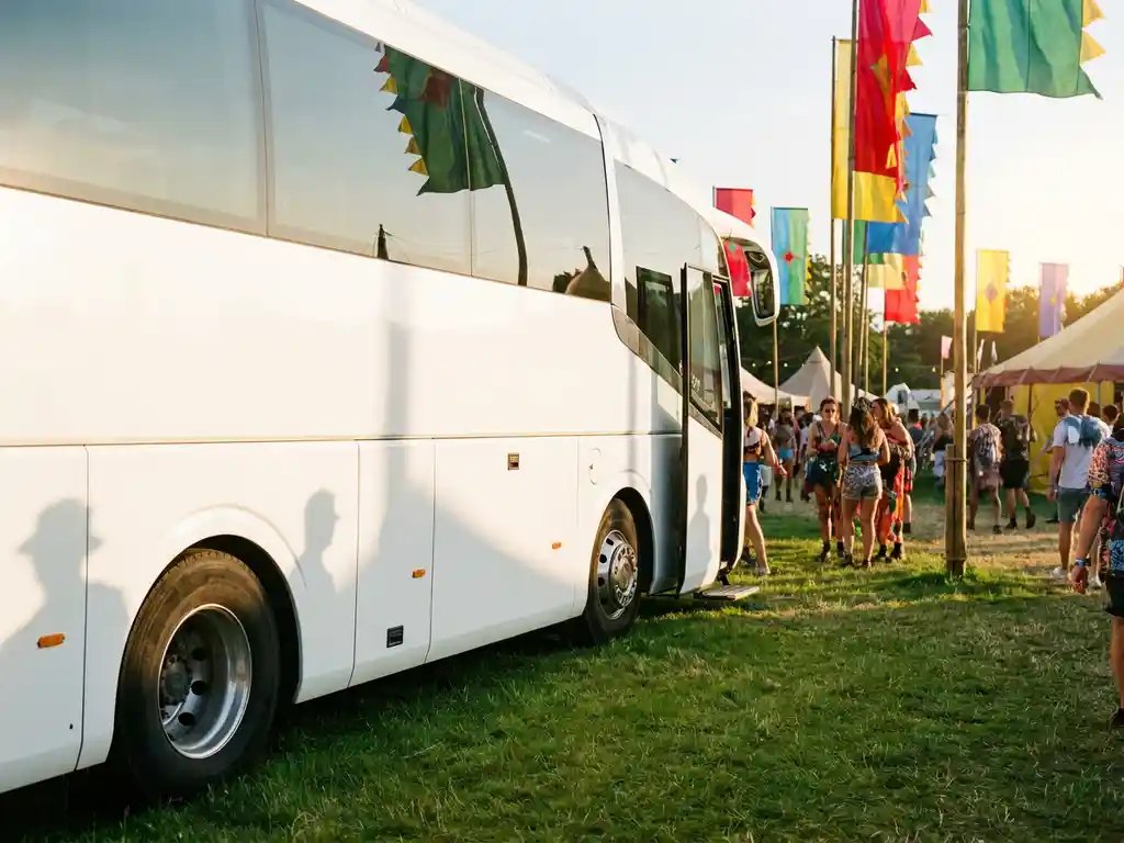 Witte touringcar geparkeerd bij de ingang van een zomers festival met kleurrijke vlaggen en tenten op de achtergrond.