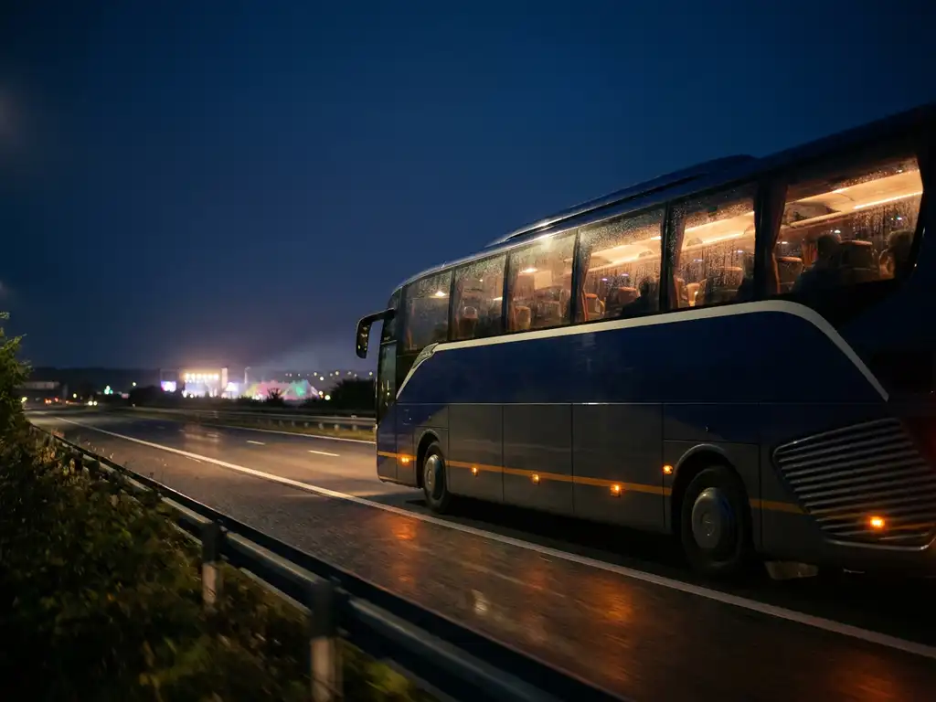 Moderne touringcar rijdt 's nachts over Nederlandse snelweg na festival, met kleurrijke podiumverlichting vervaagd op de achtergrond.