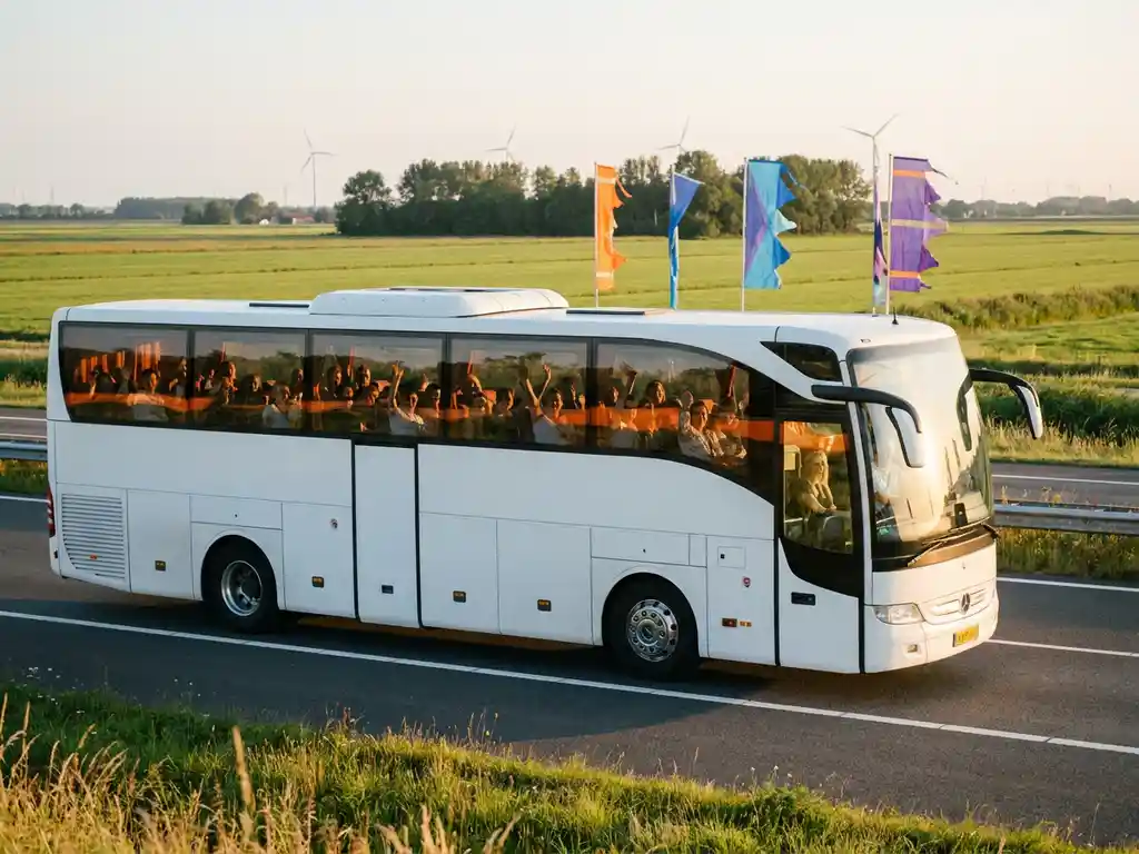 Witte touringcar met festivalgangers op Nederlandse snelweg, omgeven door kleurrijke festivalvlaggen in warm middaglicht.