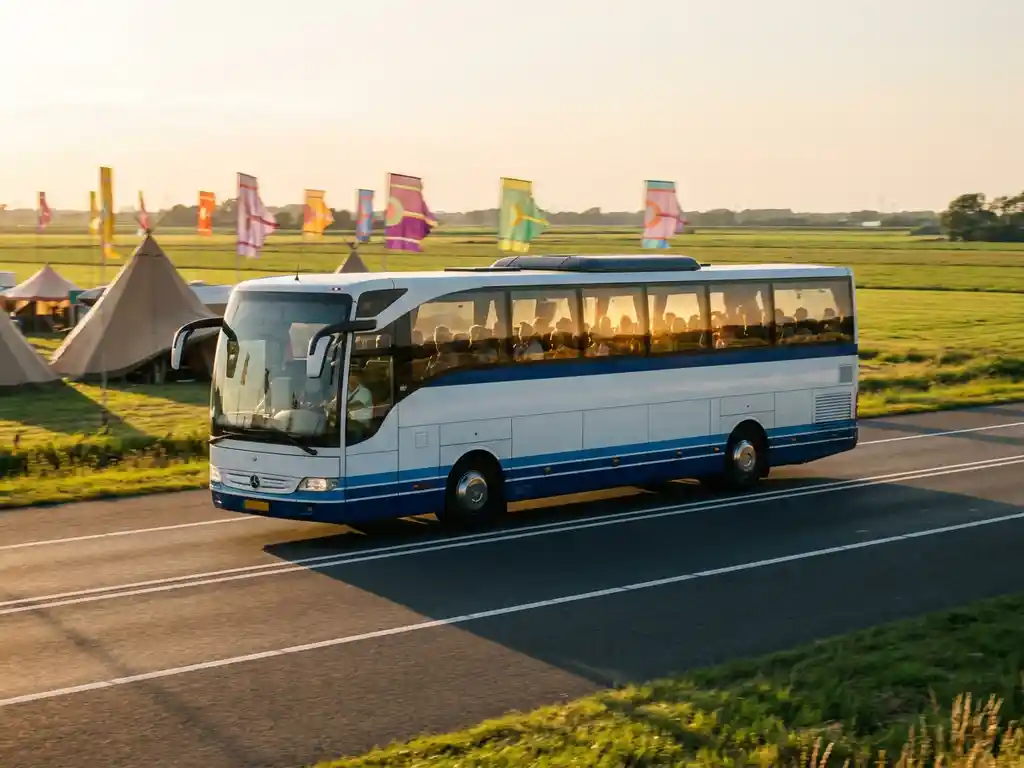 Moderne touringcar met festivalgangers op Nederlandse snelweg, gouden middaglicht, kleurrijke festivalvlaggen op de achtergrond.