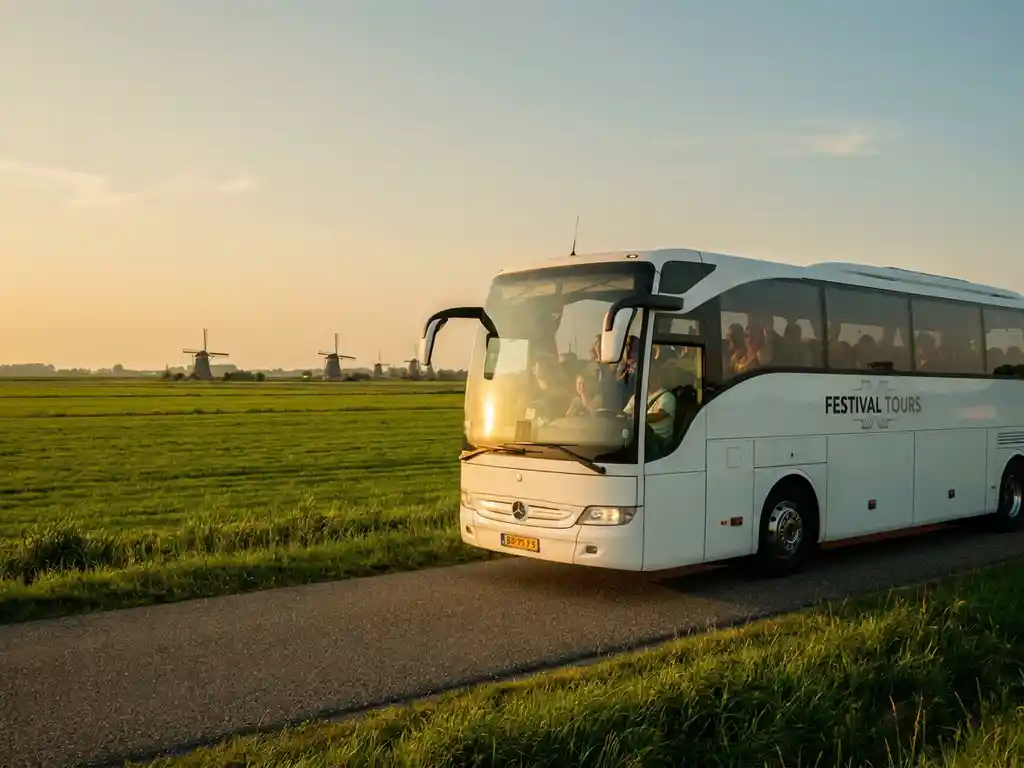 Touringcar met festivalgangers rijdt door Nederlands polderlandschap met windmolens op de achtergrond in warm middaglicht.