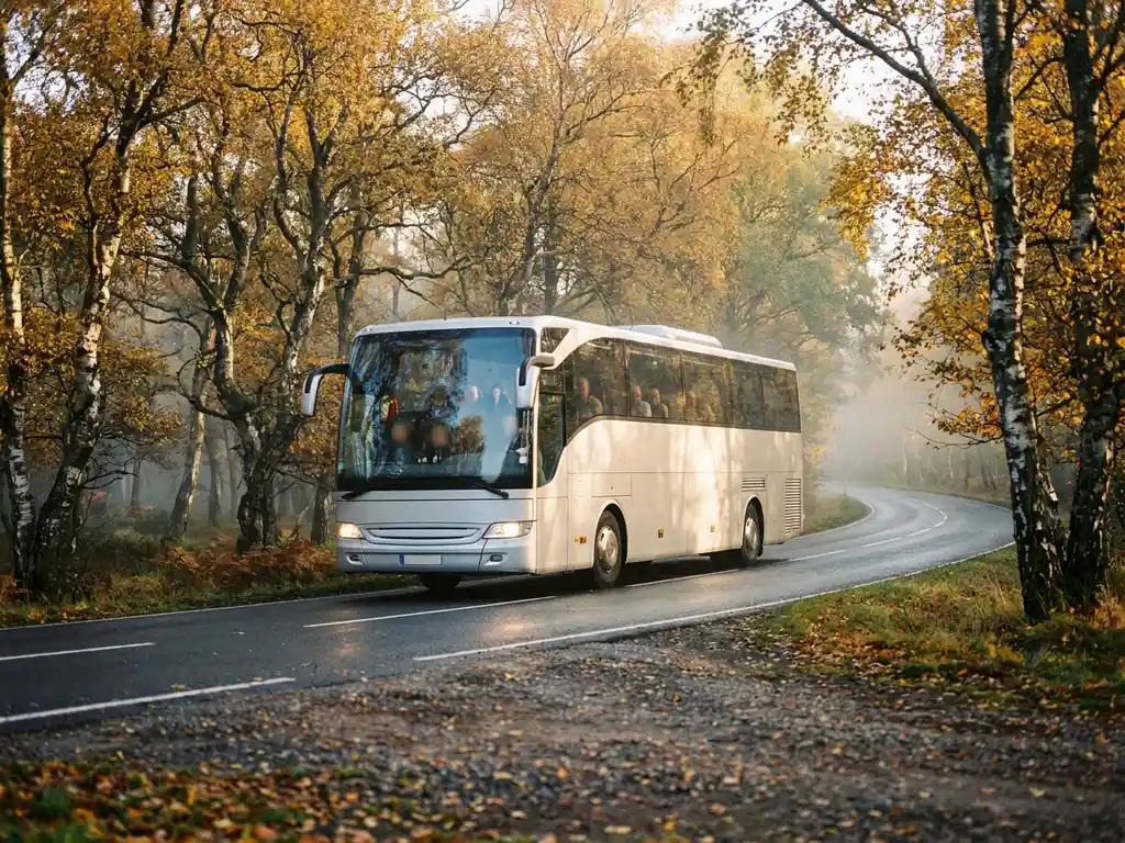 Moderne touringcar rijdt door mistig herfstbos in Nederland, omgeven door gouden berken en zachte ochtendnevel.