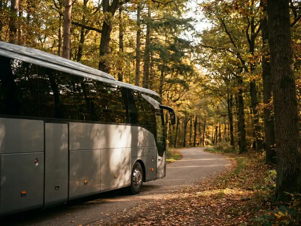 Moderne touringcar rijdt over kronkelende bosweg in Nederland, omgeven door eiken en dennen met herfstkleuren in gouden uurtje licht.