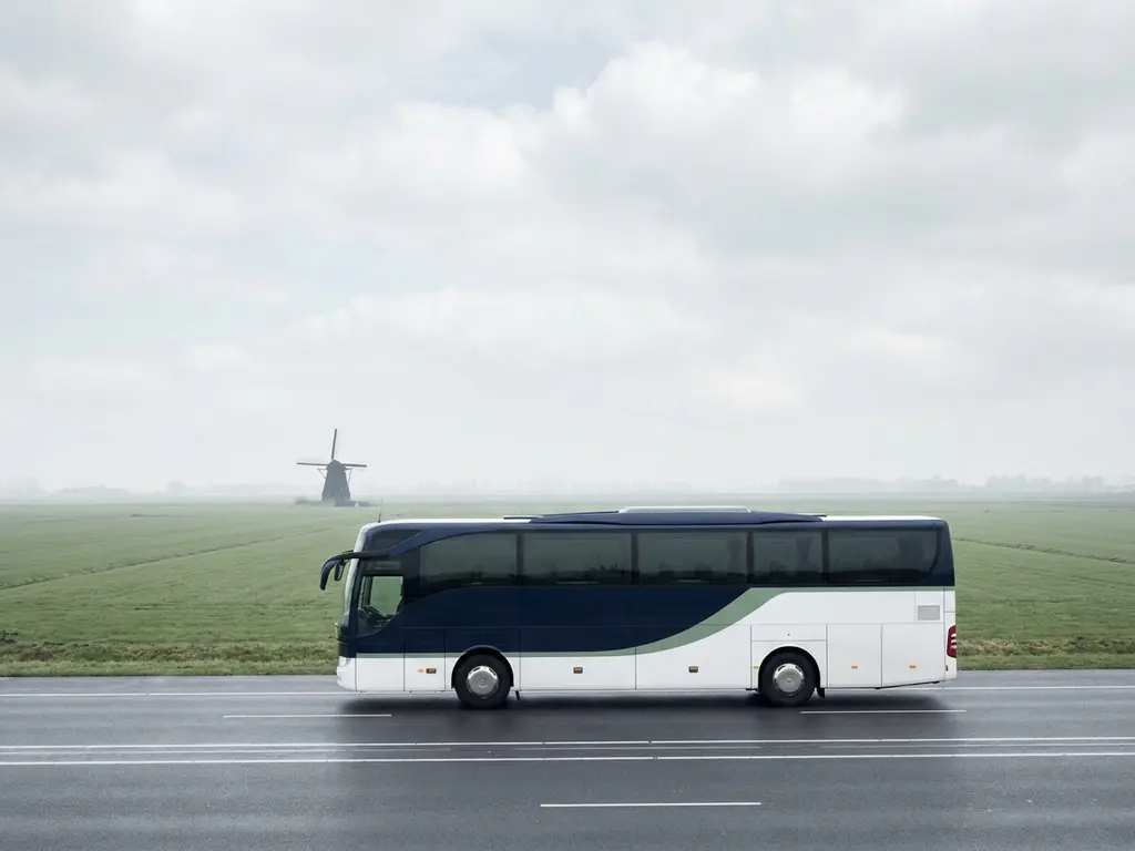 Moderne touringcar op Nederlandse snelweg met vlak polderlandschap, windmolen in de verte en bewolkte lucht.