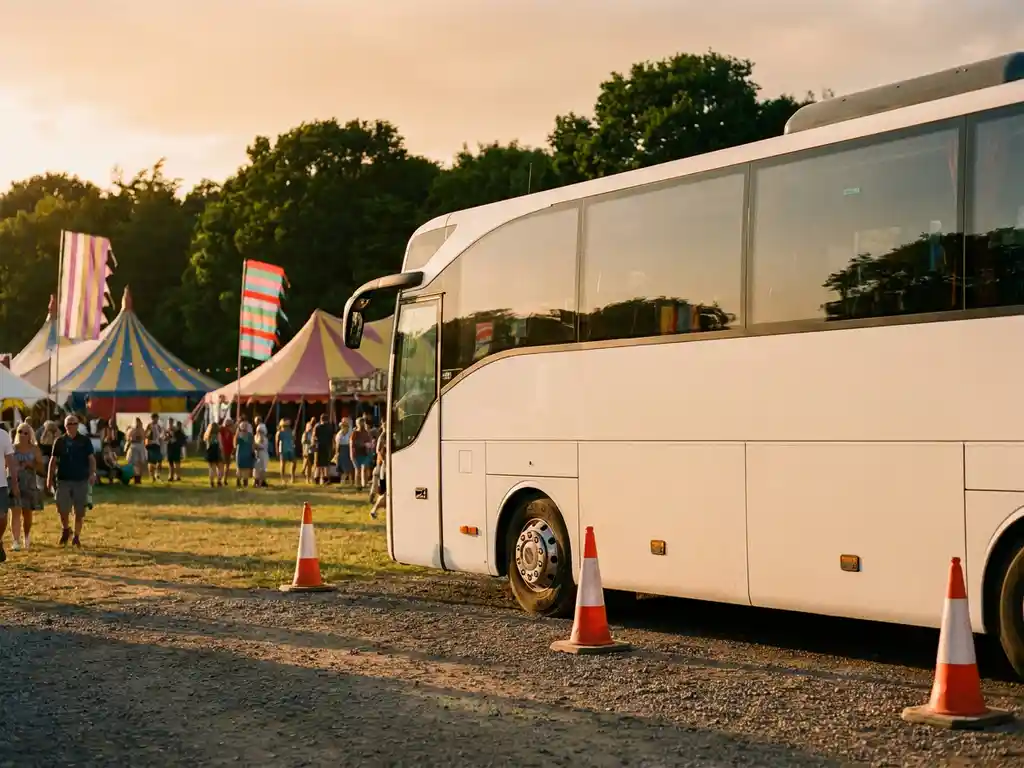Witte touringcar geparkeerd op een Nederlands festivalterrein met kleurrijke tenten, vlaggen en oranje pionnen in de middag.