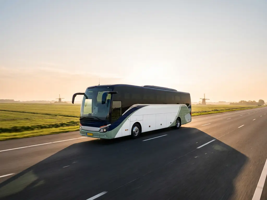 Moderne touringcar op Nederlandse snelweg met polders en windmolens op de achtergrond tijdens gouden uur.