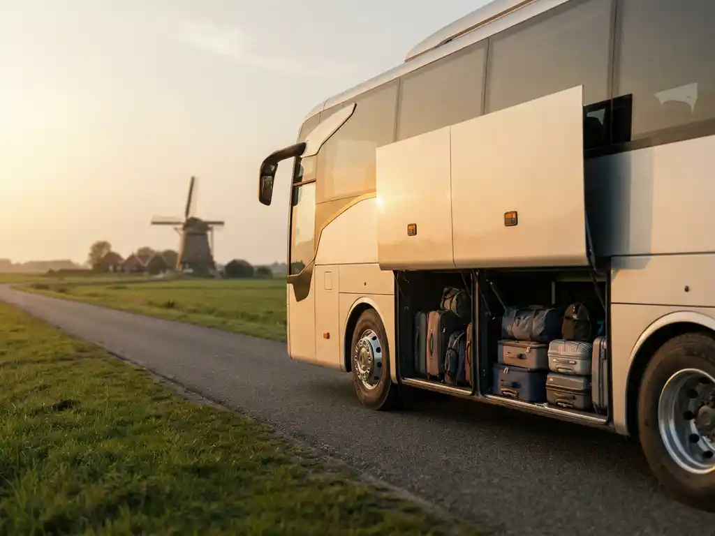 Moderne touringcar rijdt over een Nederlandse polderwegen met open bagageruimtes vol koffers, windmolen op de achtergrond.