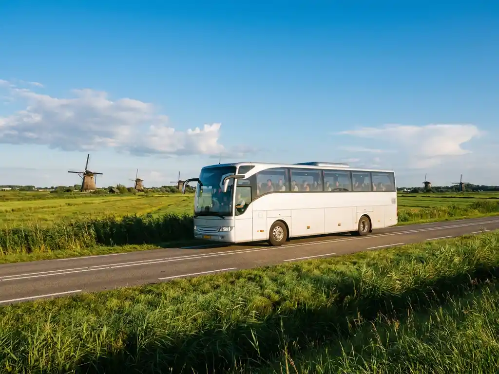 Witte touringcar rijdt door een vlak Hollands polderlandschap met windmolens, groene weilanden en blauwe lucht op de achtergrond.