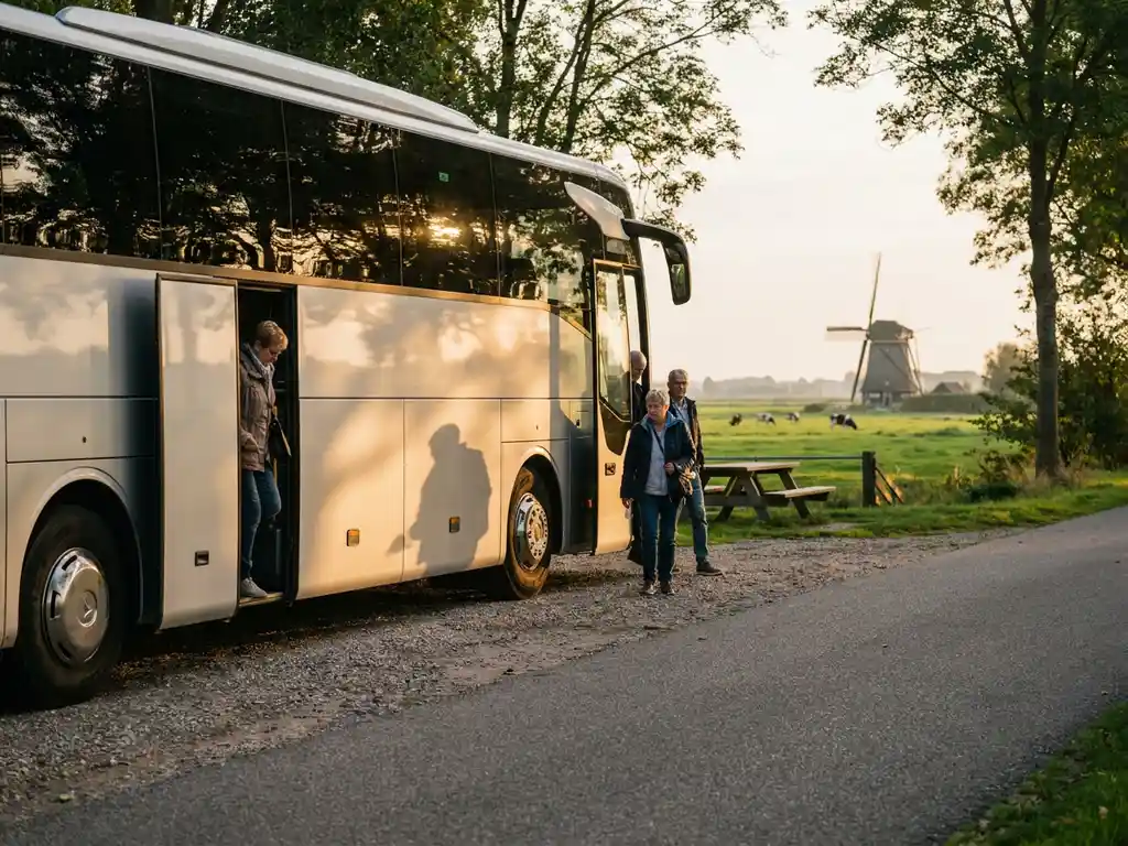 Moderne touringcar bij Nederlandse rustplaats met windmolen en polders op de achtergrond, passagiers stappen uit in middagzon.