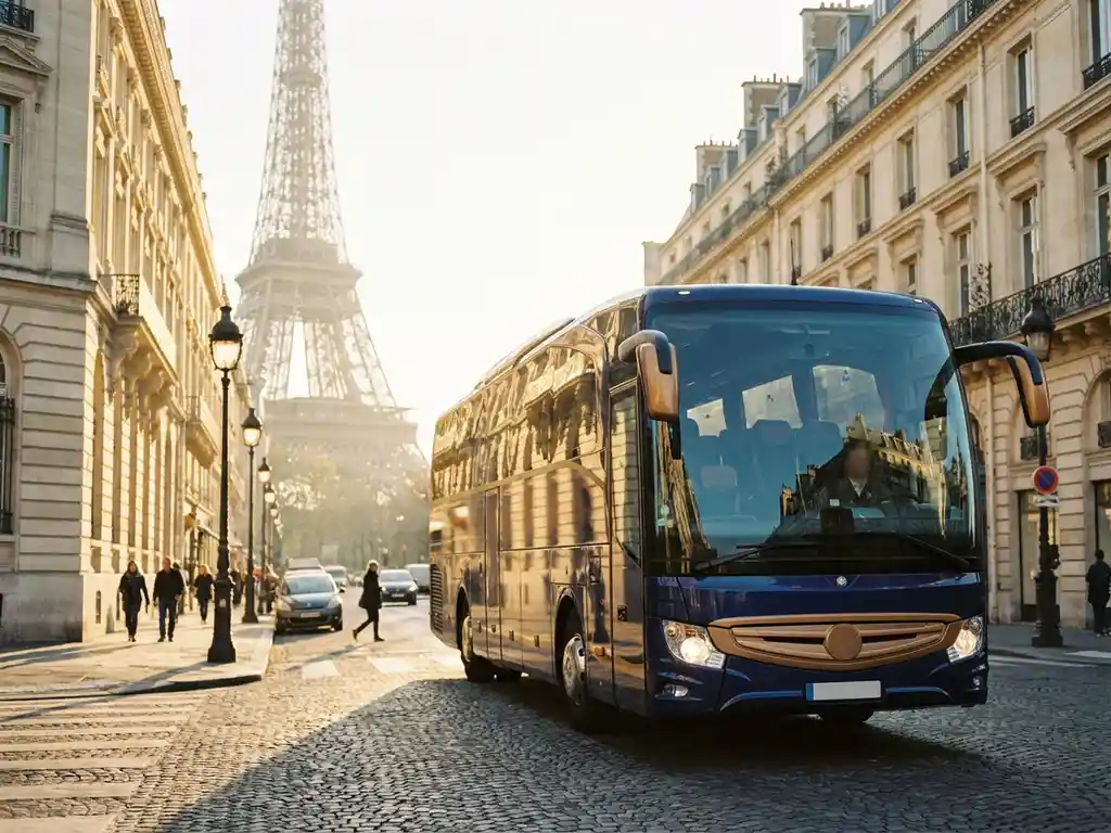 Moderne touringcar op Parijse boulevard met de Eiffel Tower op de achtergrond tijdens gouden uur.