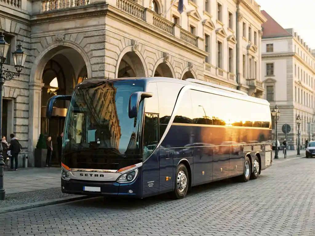 Moderne touringcar geparkeerd voor een luxe hotel in Berlijn tijdens het gouden uur, met kinderkopjes en klassieke Europese architectuur op de achtergrond.