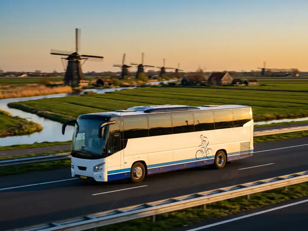 Moderne touringcar met sportgroep op Nederlandse snelweg, omgeven door windmolens en groene polders in warm middaglicht.