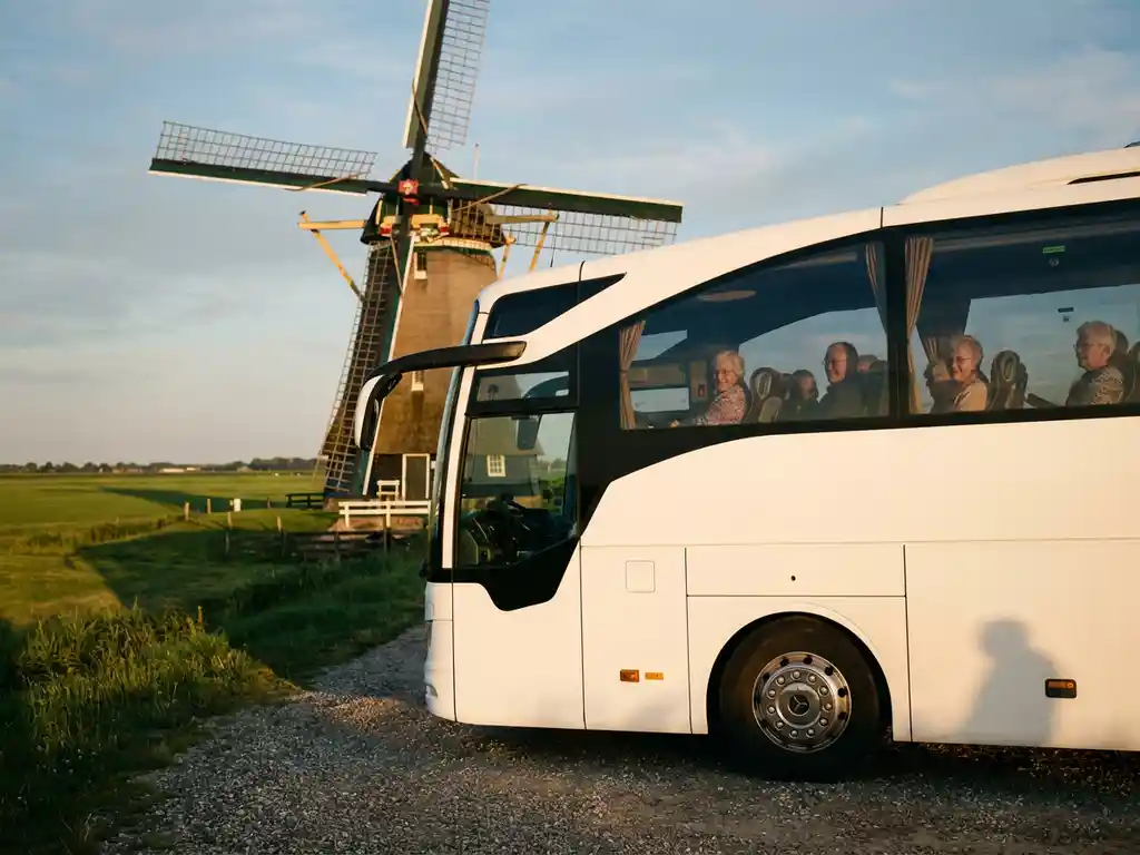 Moderne touringcar met senioren geparkeerd in Nederlands polderlandschap met windmolen op de achtergrond, gouden middaglicht.