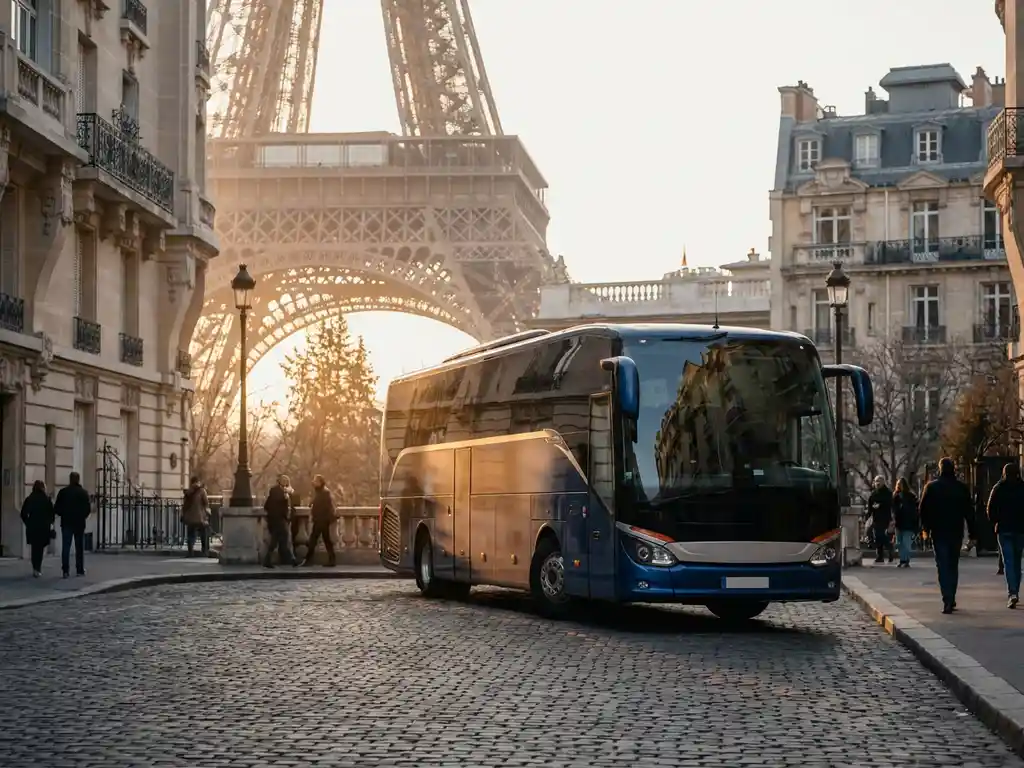 Moderne touringcar geparkeerd voor de Eiffeltoren bij gouden uur, met kasseien en Haussmann-architectuur op de achtergrond.