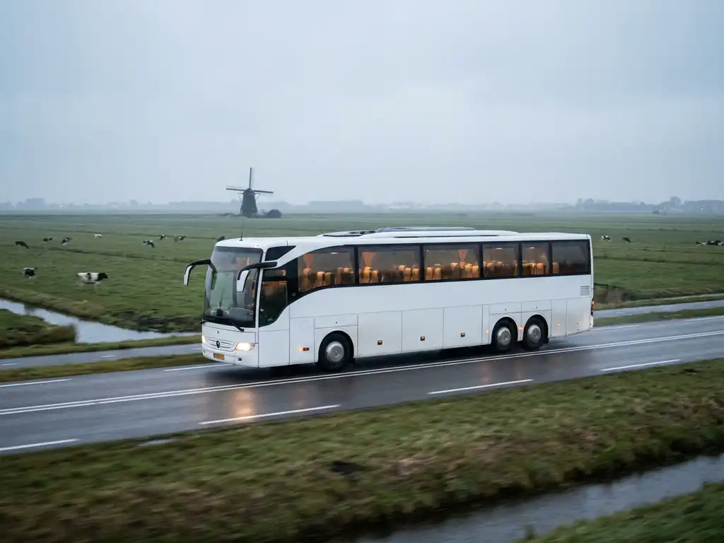 Witte touringcar met vijftig passagiers op Nederlandse snelweg, polderlandschap en windmolen op achtergrond, bewolkt daglicht.