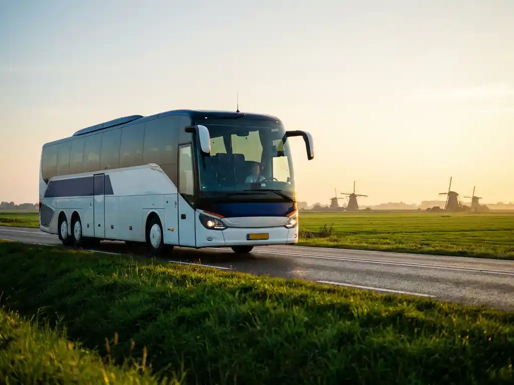 Moderne touringcar rijdt door Hollands polderlandschap met windmolens op de achtergrond in warm middaglicht.