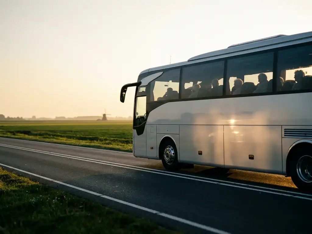 Touringcar met senioren rijdt over Nederlandse snelweg, met polderland, windmolen en gouden middaglicht op de achtergrond.